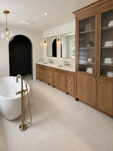 Salle de bain avec vanité en chêne et baignoire îlot