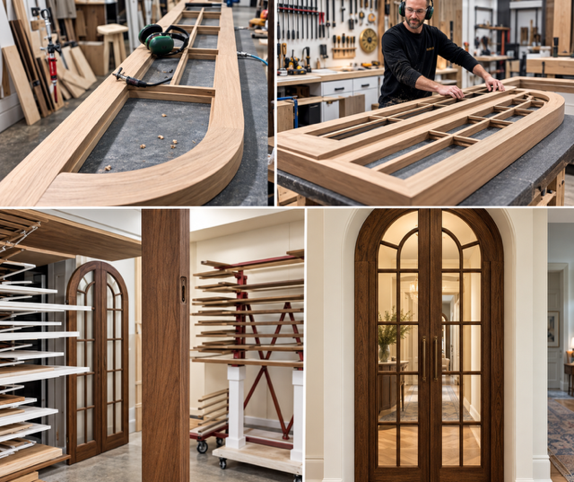 Fabrication de portes arquées en noyer — atelier